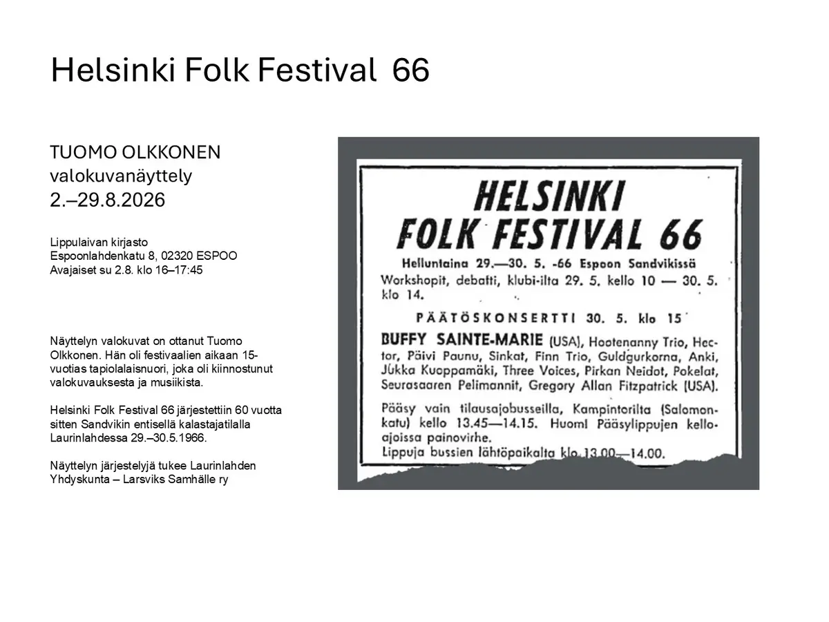 Tuomo Olkkonen's Photography Exhibition - Helsinki Folk Festival 66 — Lippulaivan kirjasto, Espoo