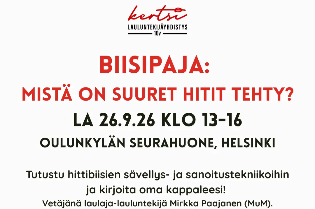 Låtverksted: Hvordan lages store hits? — Stadin yhteisötalo Oulunkylän Seurahuone, Helsinki