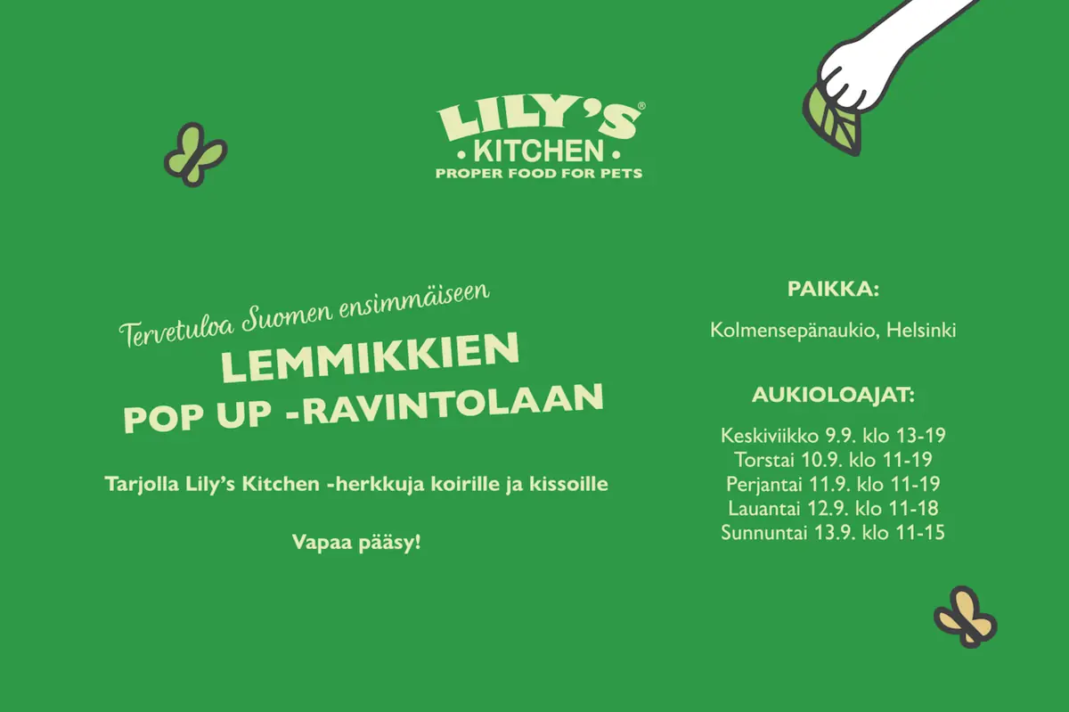Lily's Kitchen pop-up restaurant for pets — Kolme seppää, Helsinki
