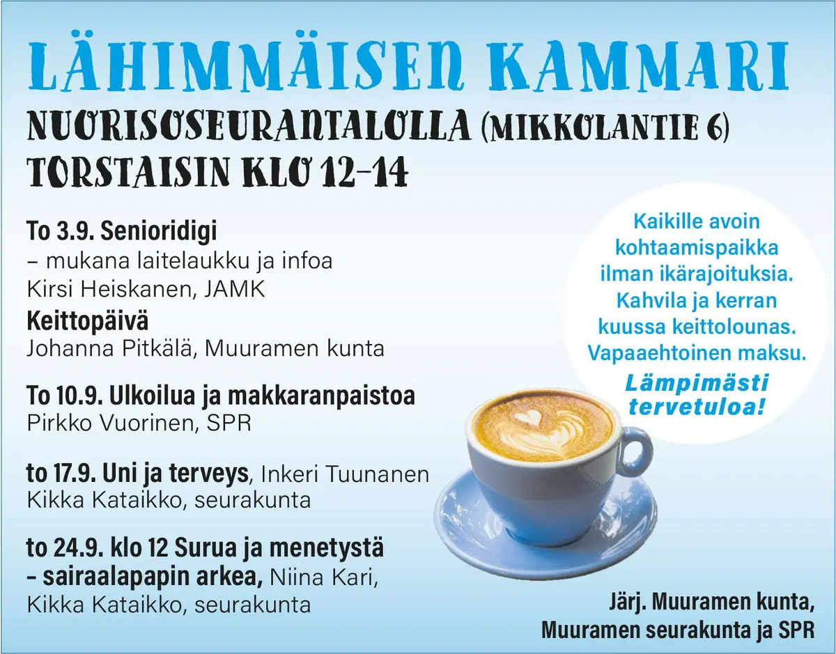Lähimmäisen kammari torstaisin klo 12 Nuorisoseurantalolla — Nuorisoseurantalo, Muurame