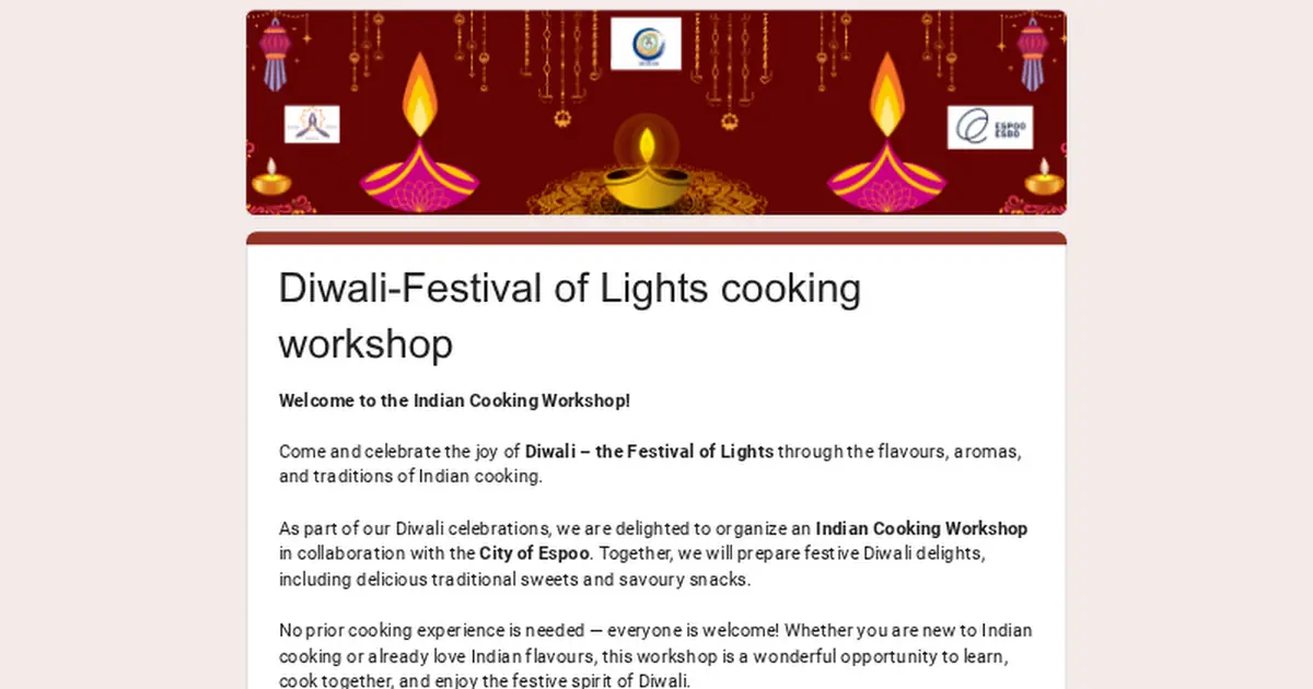 Englanninkielinen Diwali-valonjuhla keittiöpaja — Lippulaivan kirjasto, Espoo