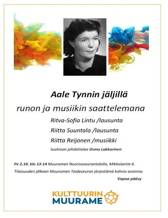 Aale Tynnin jäljillä -tapahtuma PE 2.10. klo 13 Nuorisoseurantalolla — Nuorisoseurantalo, Muurame