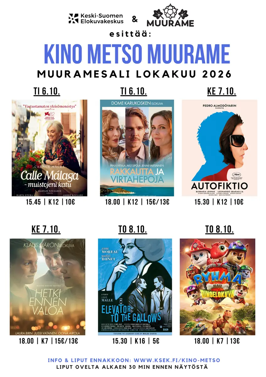 Kino Metso October Films TU 6.10. - TH 8.10.: Calle Málaga, Love and Hippos, Autofiction, A Moment Before Light, The Lift to the Slaughterhouse and Group Hau: Dino Movie — Muuramesali, Muurame